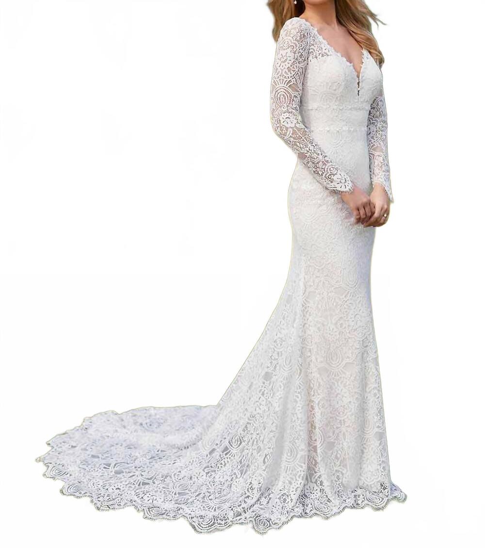 NEW HOUSE OF WU long sleeve lace mermaid wedding dress in ivory/ivory/nude